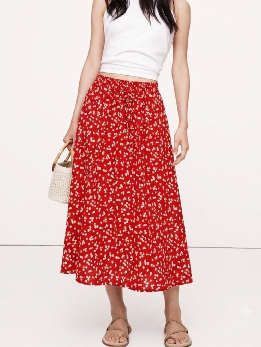 Your Style Floral Skirt Size Small Red White Daisies Midi Elastic Tie Waist Boho